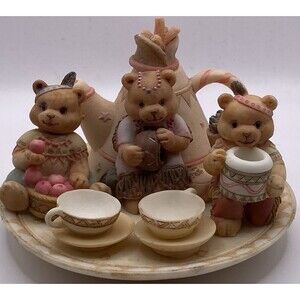 VTG Bear Family Miniature Resin Tea Set T-Pee Tea Pot 10 Piece Cute Teddy Bears